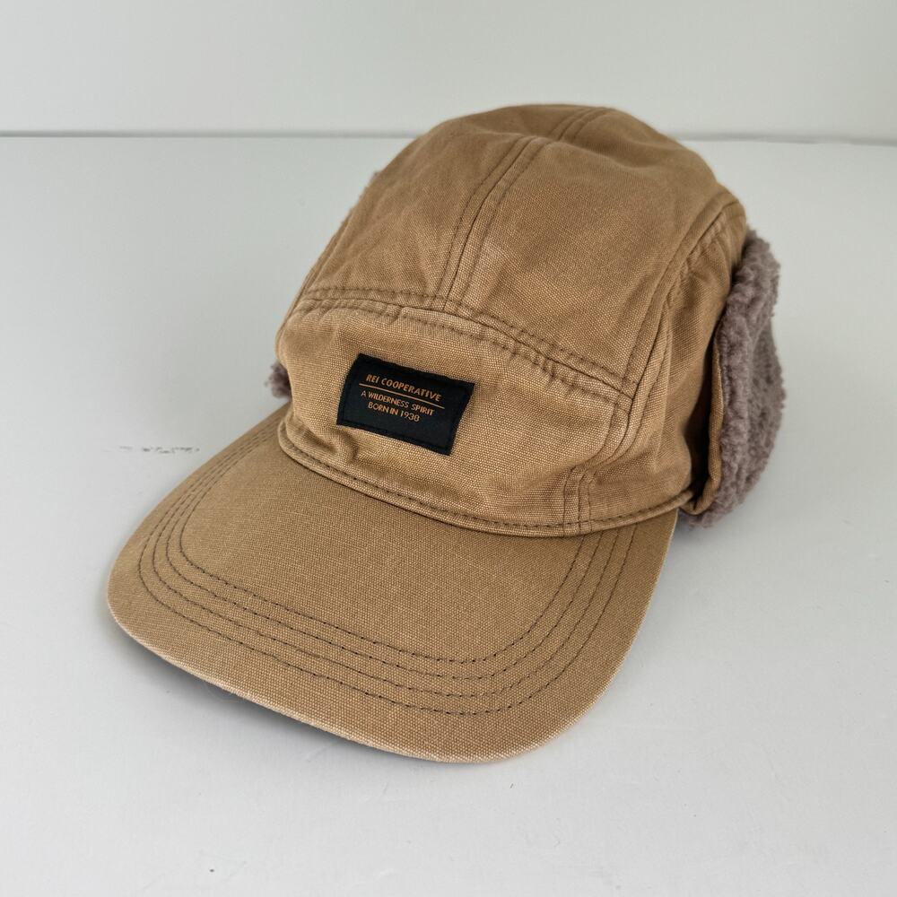 REI Co-op Trapper Cap Ear Flaps Hat Men's L/XL Khaki Tan Cotton Sherpa Fleece